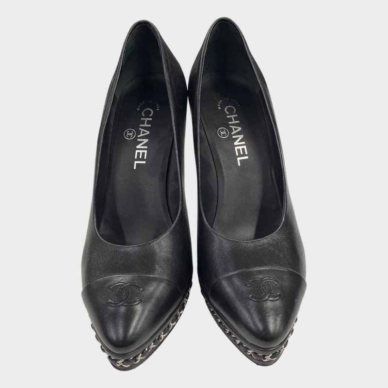Chanel black leather pumps with chain detail