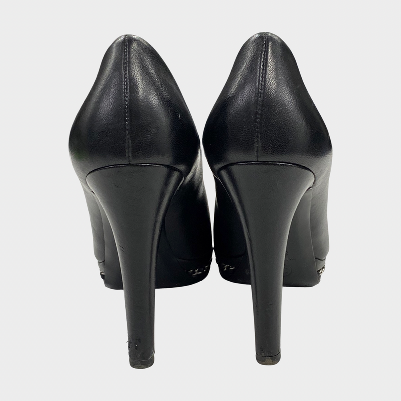 Chanel black leather pumps with chain detail