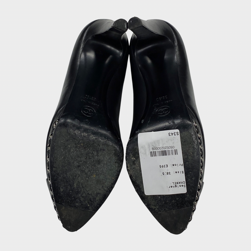 Chanel black leather pumps with chain detail