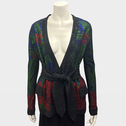 Balmain Women's Black with multicolor crystal patterns belted cardigan