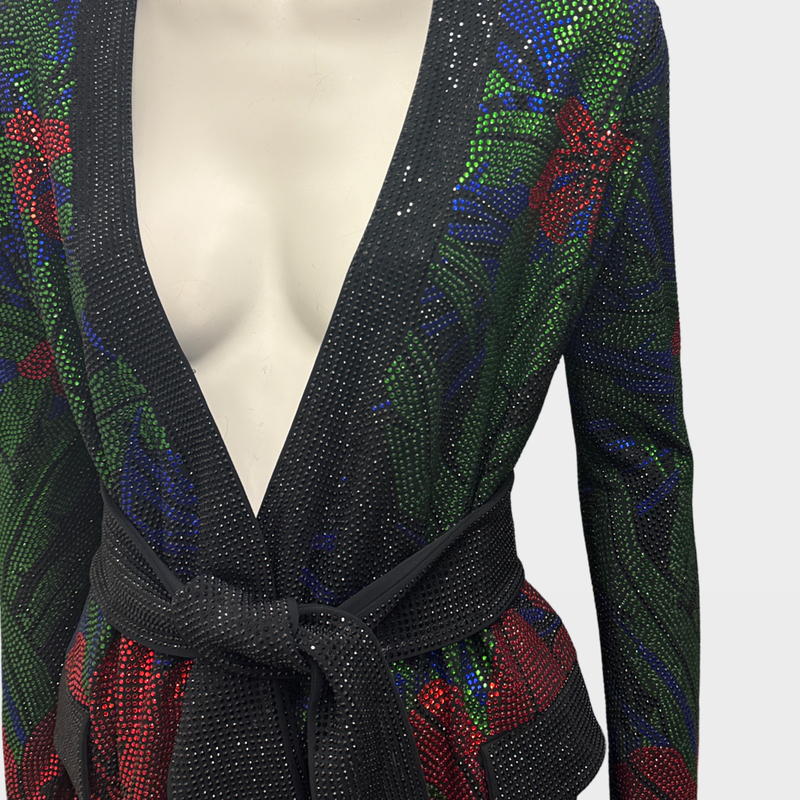 Balmain Women's Black with multicolor crystal patterns belted cardigan