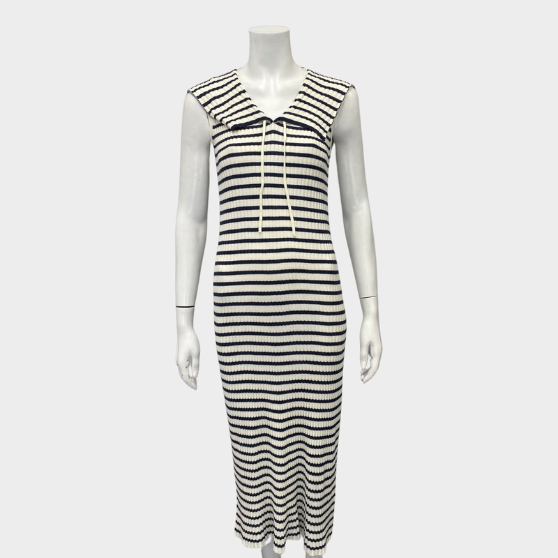 Rixo sleeveless white and navy ribbed dress