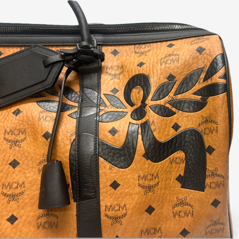 MCM Men's Tan Leather Mongram Print Duffle Bag