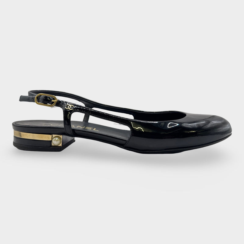 Chanel Black Slingback Patent Leather Flats