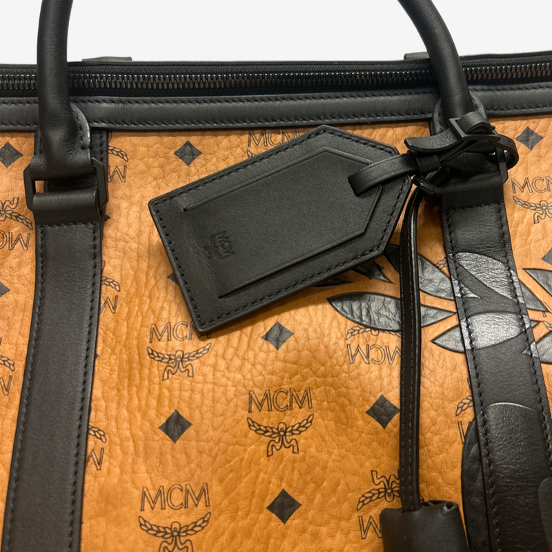 MCM Men's Tan Leather Mongram Print Duffle Bag