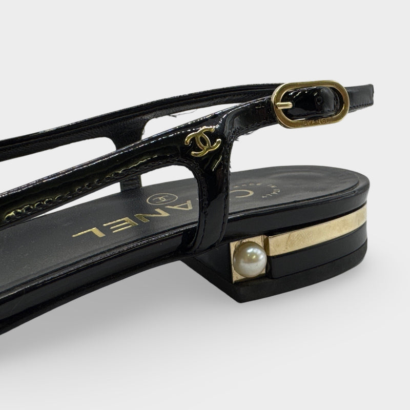 Chanel Black Slingback Patent Leather Flats