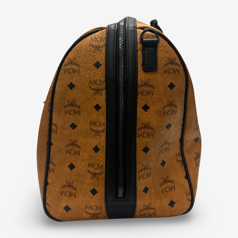 MCM Men's Tan Leather Mongram Print Duffle Bag