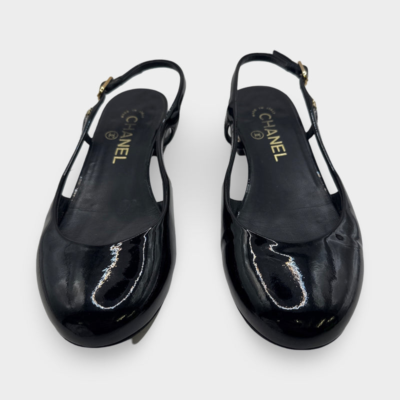 Chanel Black Slingback Patent Leather Flats