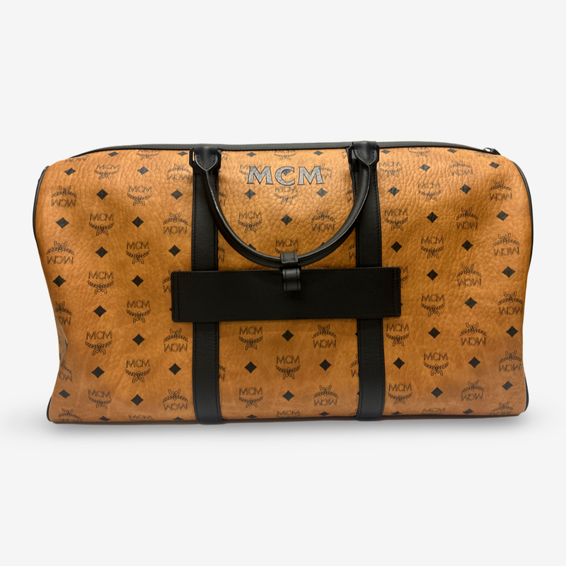 MCM Men's Tan Leather Mongram Print Duffle Bag