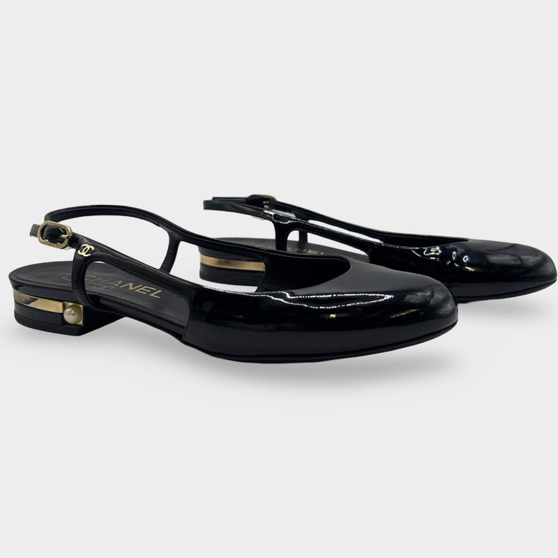 Chanel Black Slingback Patent Leather Flats