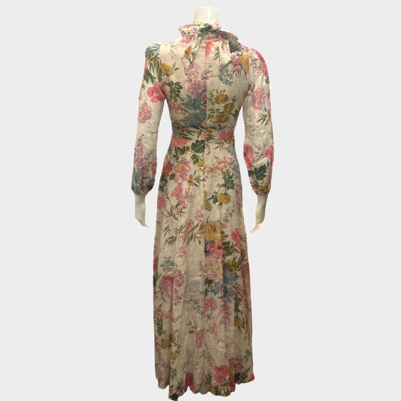 Zimmermann Pink Floral Linen Long Dress With Neck Tie Detail