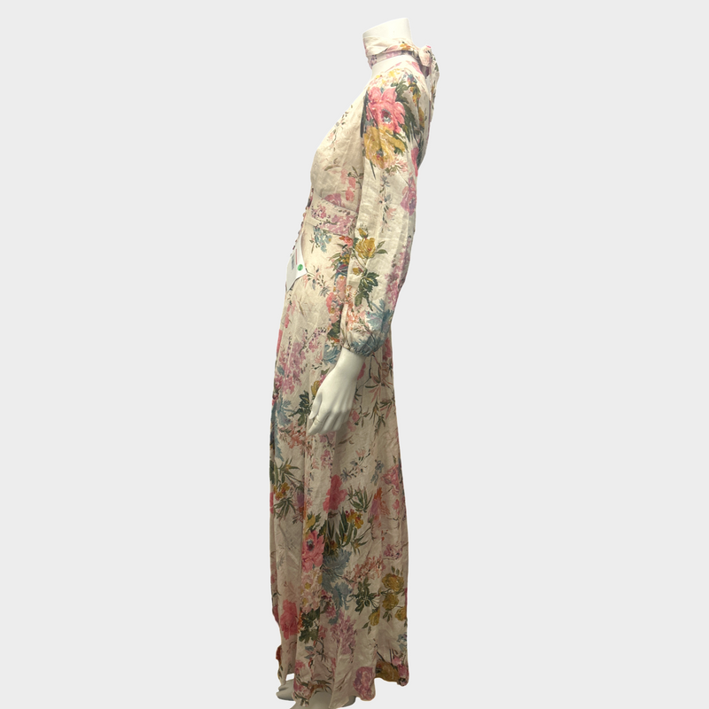 Zimmermann Pink Floral Linen Long Dress With Neck Tie Detail
