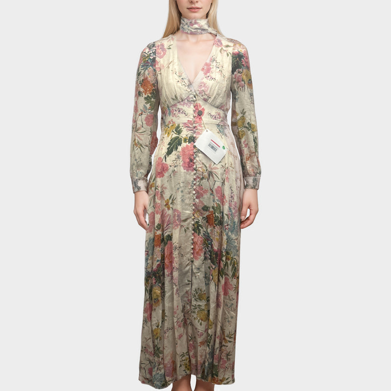 Zimmermann Pink Floral Linen Long Dress With Neck Tie Detail