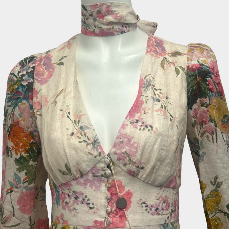 Zimmermann Pink Floral Linen Long Dress With Neck Tie Detail