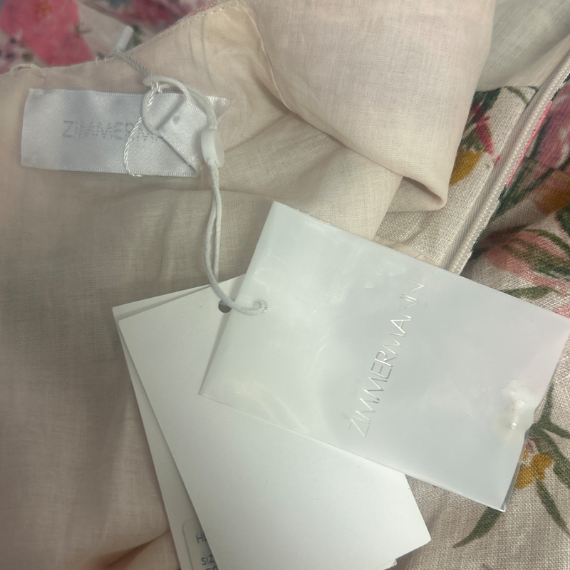 Zimmermann Pink Floral Linen Long Dress With Neck Tie Detail