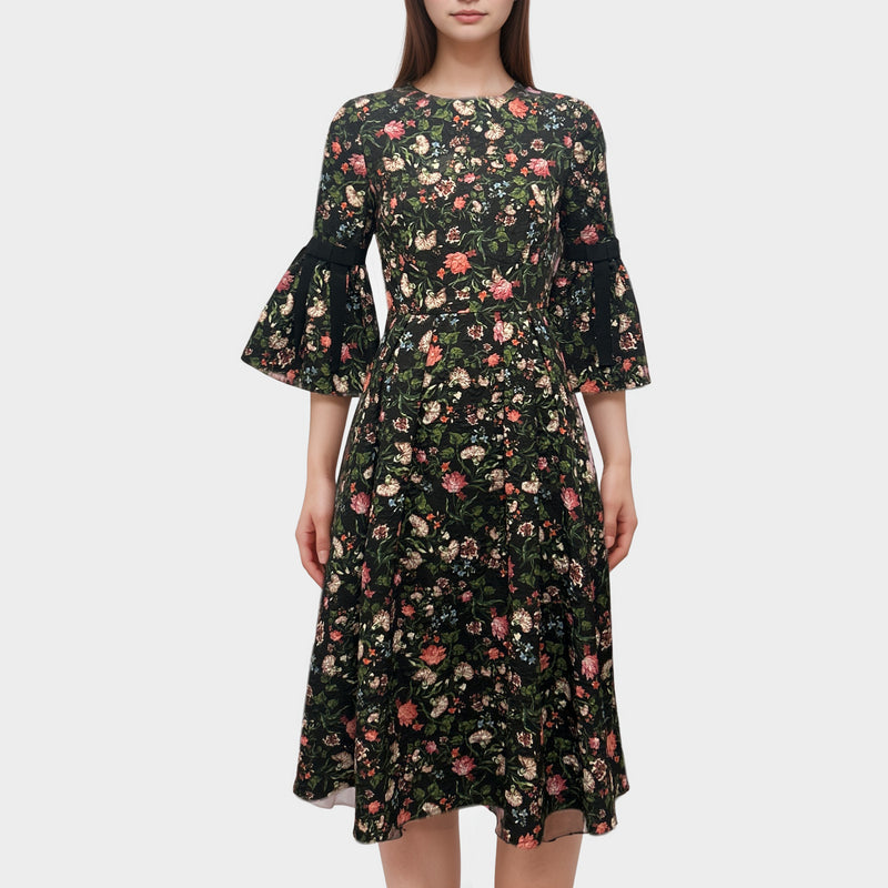 Erdem Black Floral Dress With Black Ribbon Accents