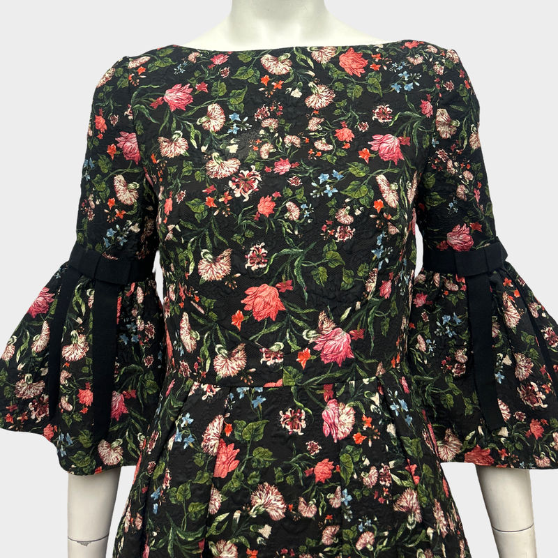 Erdem Black Floral Dress With Black Ribbon Accents