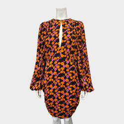 Magda Butrym orange and purple flower print silk dress with puffy sleeves