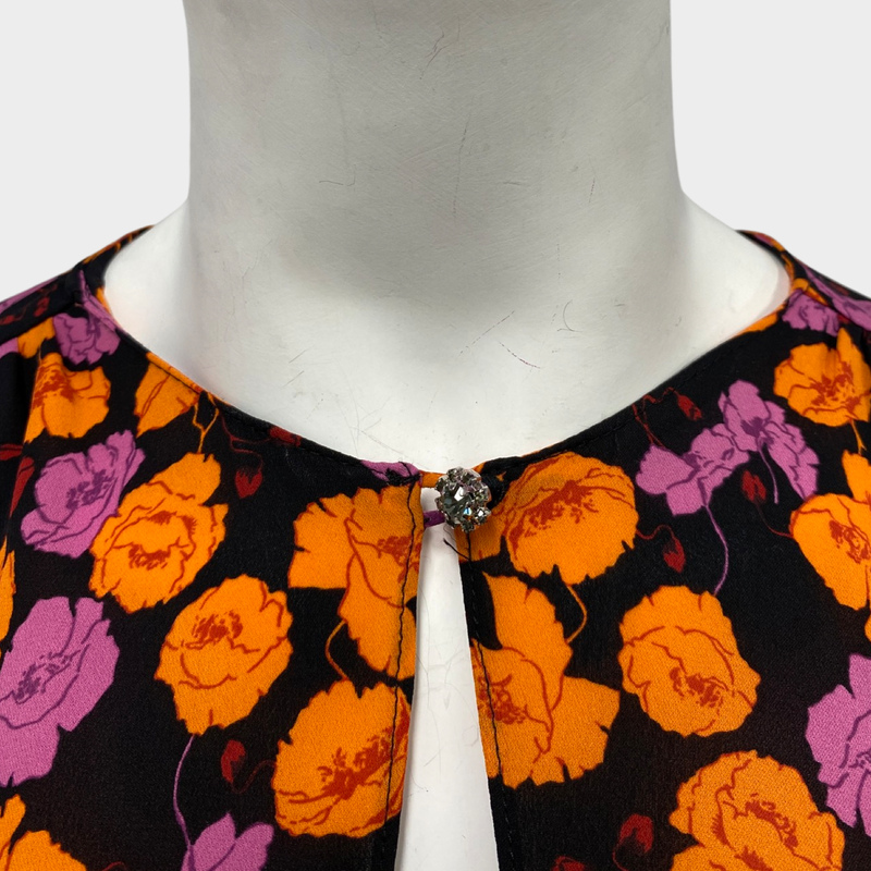 Magda Butrym orange and purple flower print silk dress with puffy sleeves