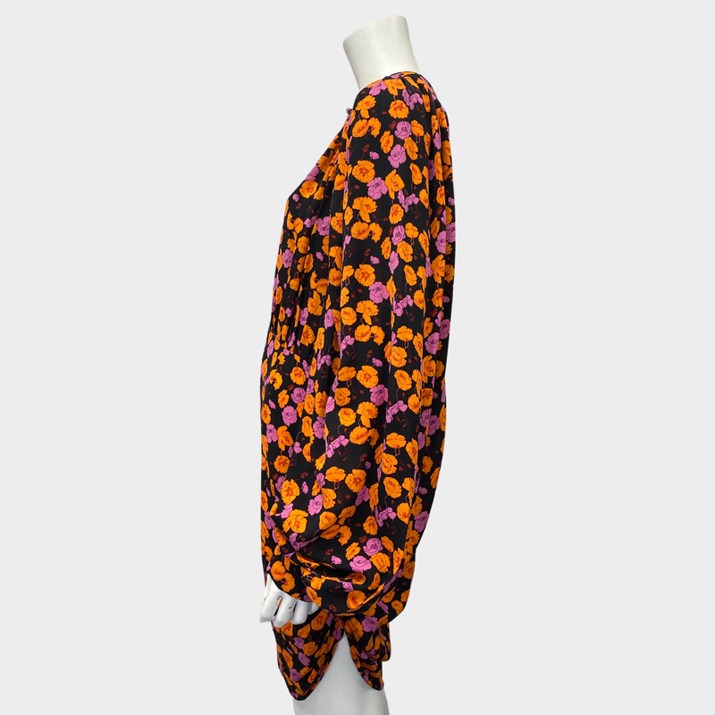 Magda Butrym orange and purple flower print silk dress with puffy sleeves
