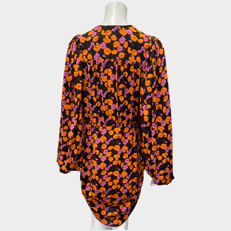 Magda Butrym orange and purple flower print silk dress with puffy sleeves