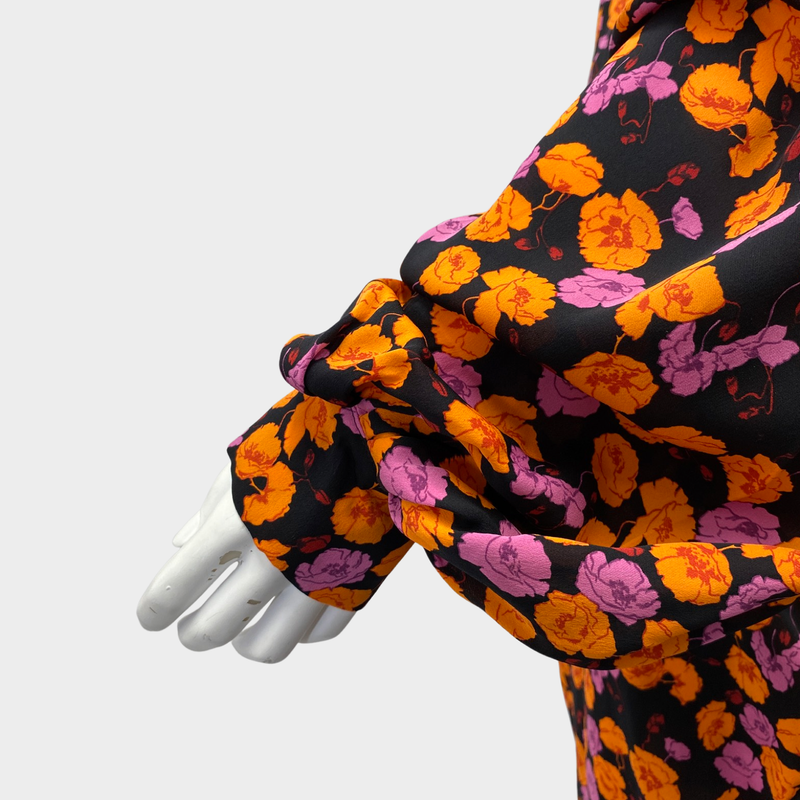 Magda Butrym orange and purple flower print silk dress with puffy sleeves