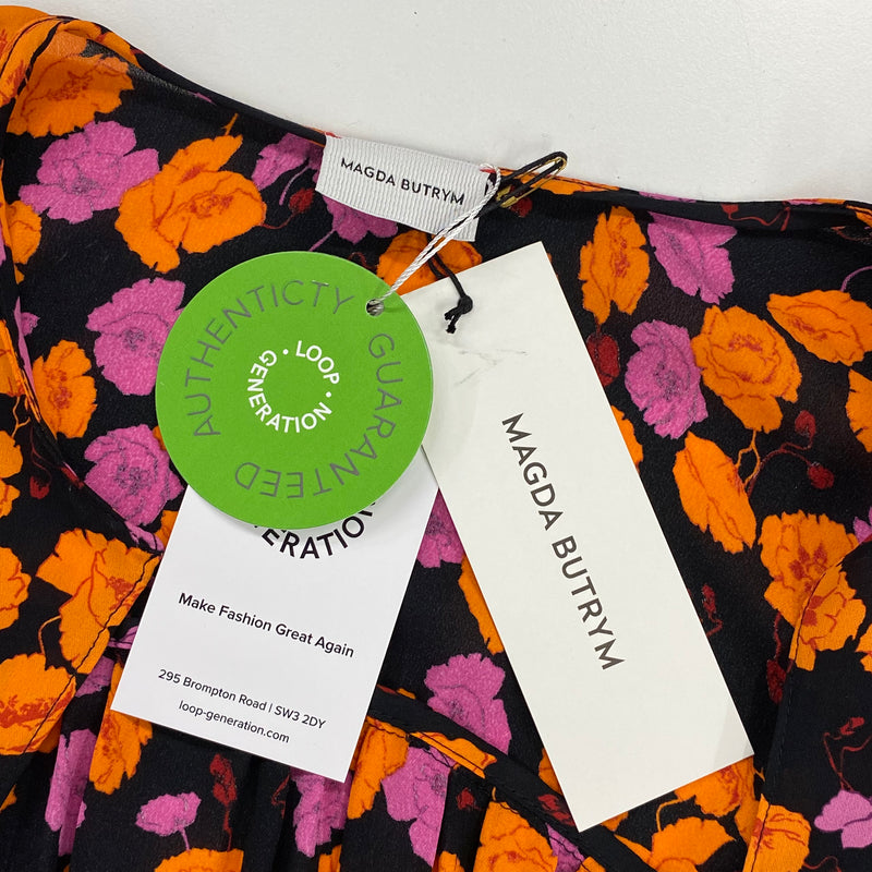 Magda Butrym orange and purple flower print silk dress with puffy sleeves