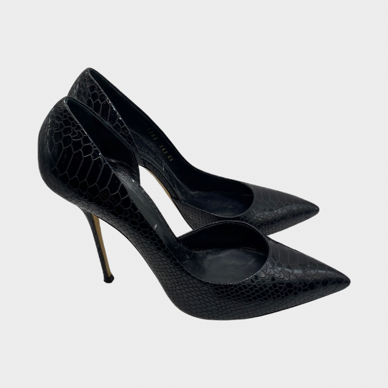 Casadei black croc mock patent leather heels