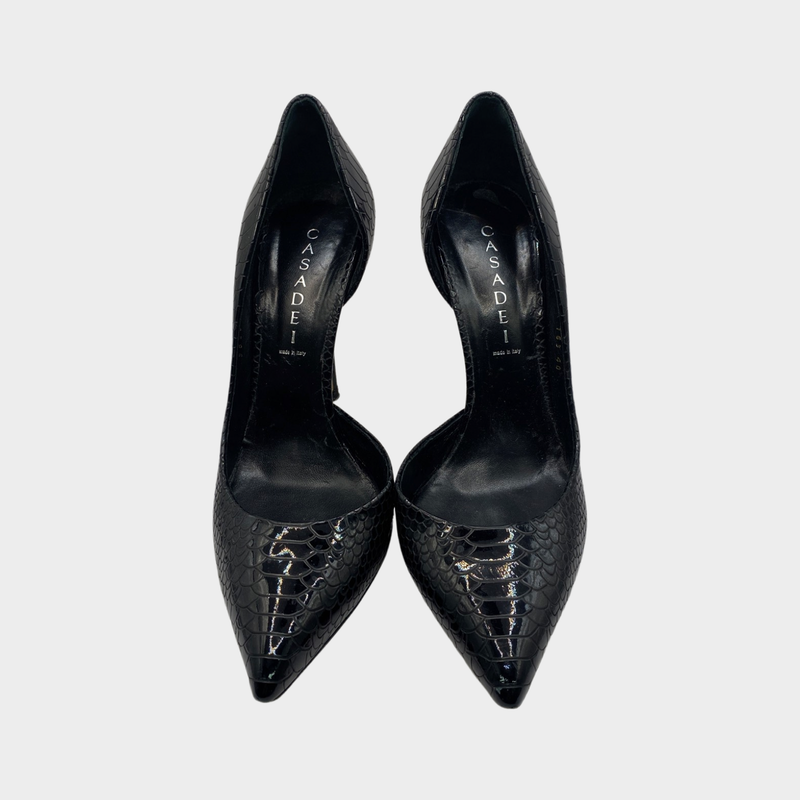 Casadei black croc mock patent leather heels