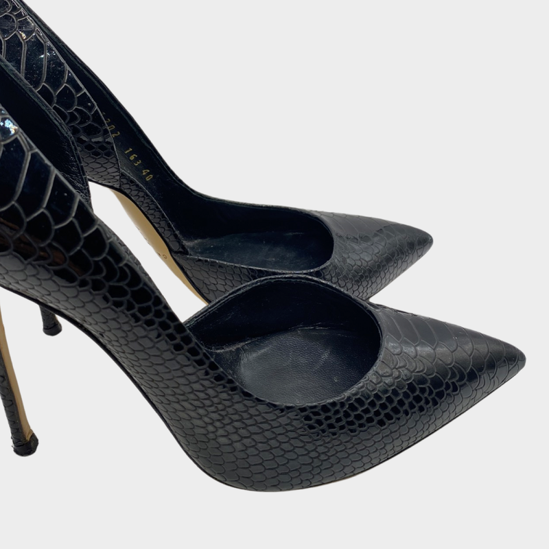 Casadei black croc mock patent leather heels