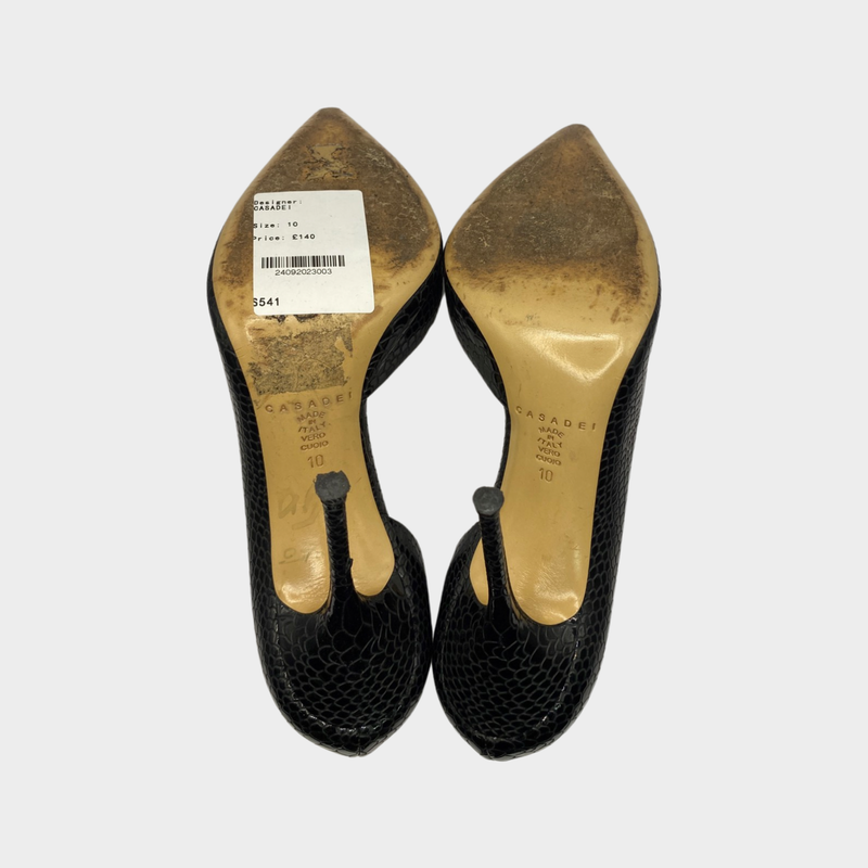 Casadei black croc mock patent leather heels