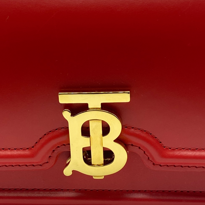 Burberry women's red leather handbag with TB logo and gold chain