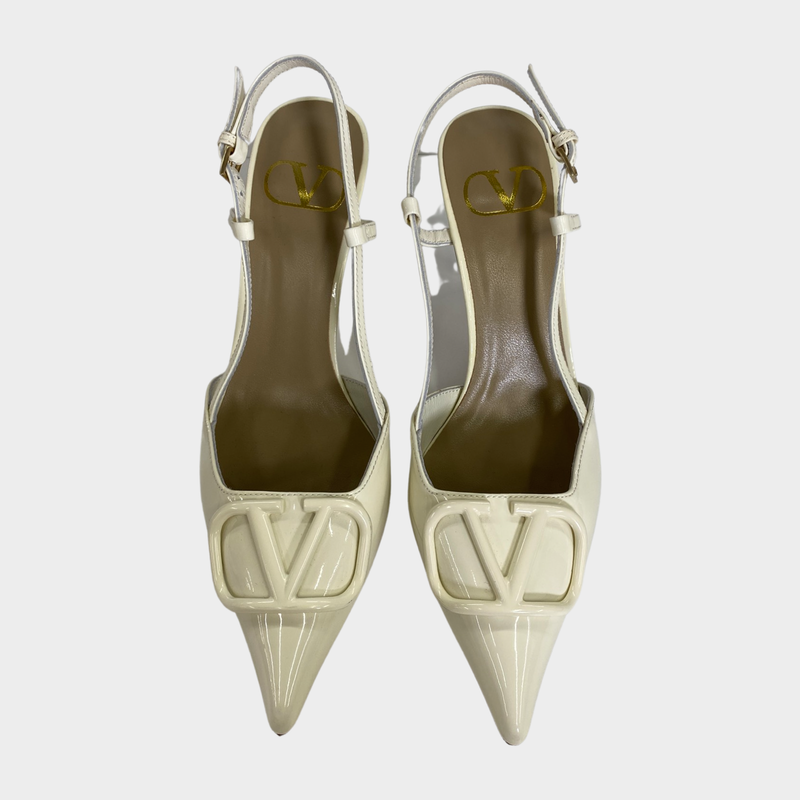 Valentino women's ecru patent leather V logo signature slingback pumps