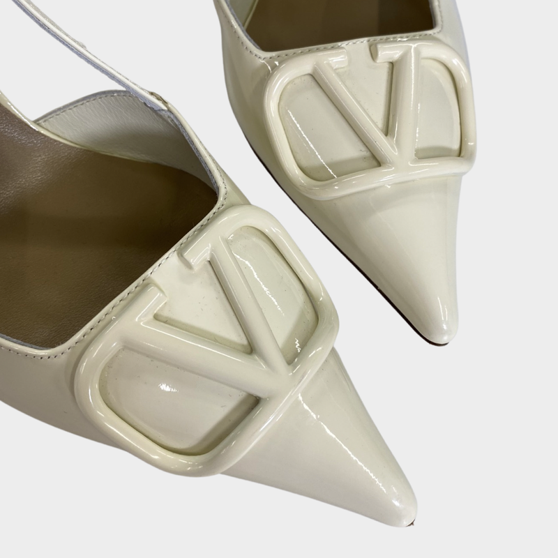 Valentino women's ecru patent leather V logo signature slingback pumps