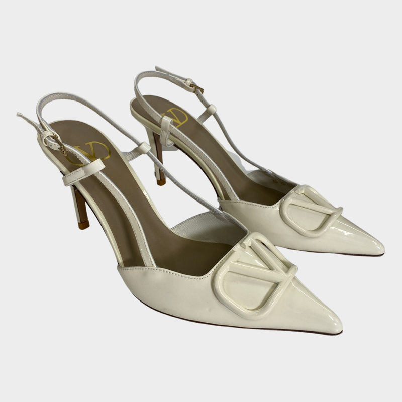 Valentino women's ecru patent leather V logo signature slingback pumps