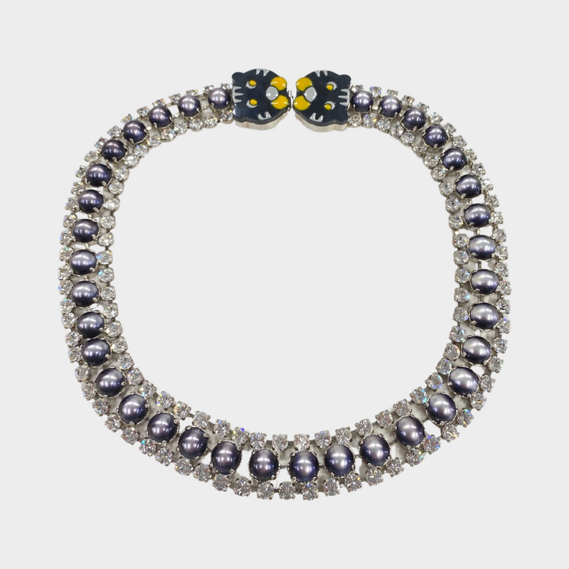 Miu Miu purple and grey cat print necklace with rhinestones