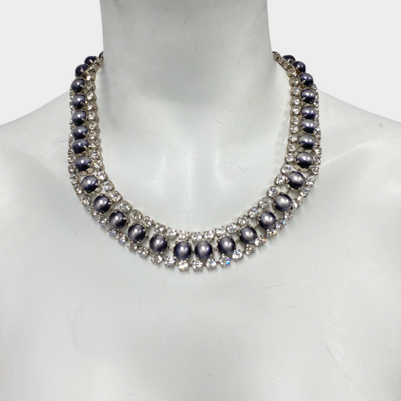 Miu Miu purple and grey cat print necklace with rhinestones