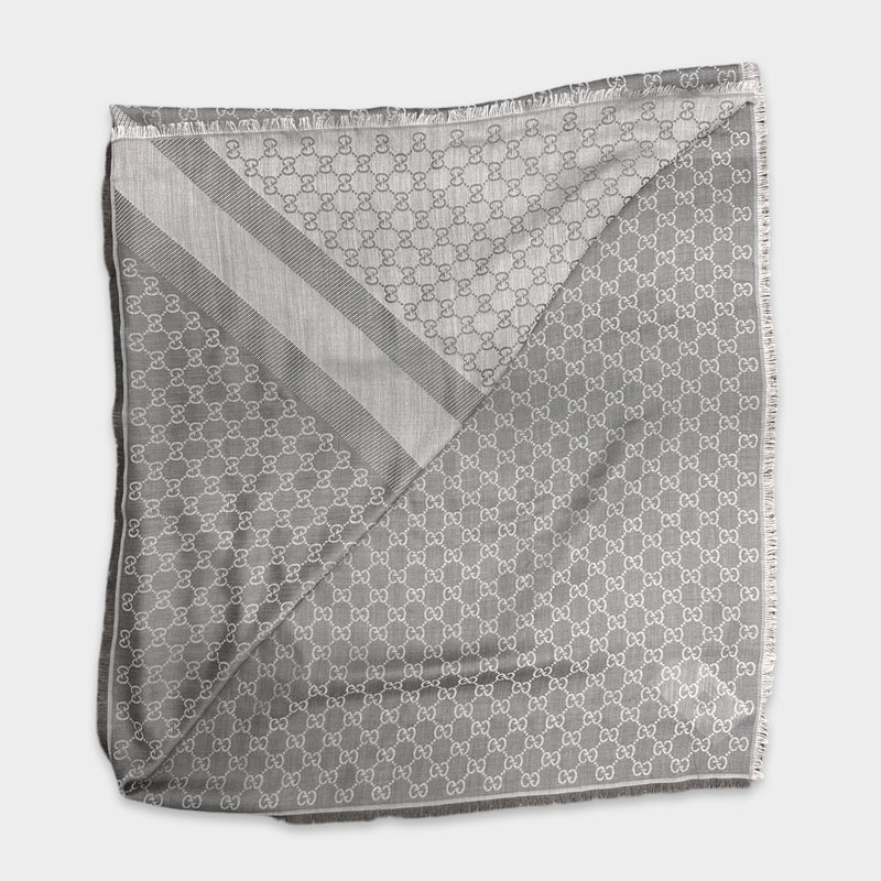 Gucci XXL Monogram Gray Wool and Silk Scarf