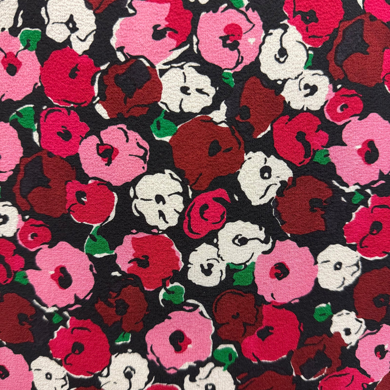 Saint Laurent Black Silk Dress with Pink, Red and White Floral Pattern