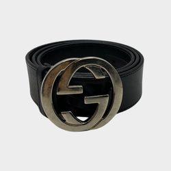 Gucci women's black leather belt with silver buckle