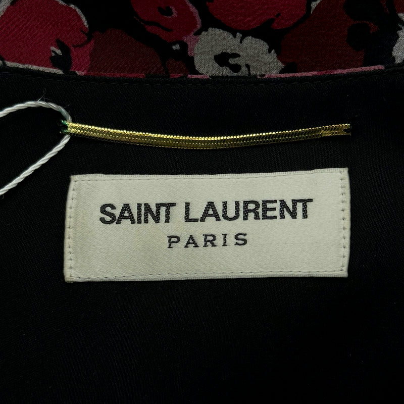 Saint Laurent Black Silk Dress with Pink, Red and White Floral Pattern