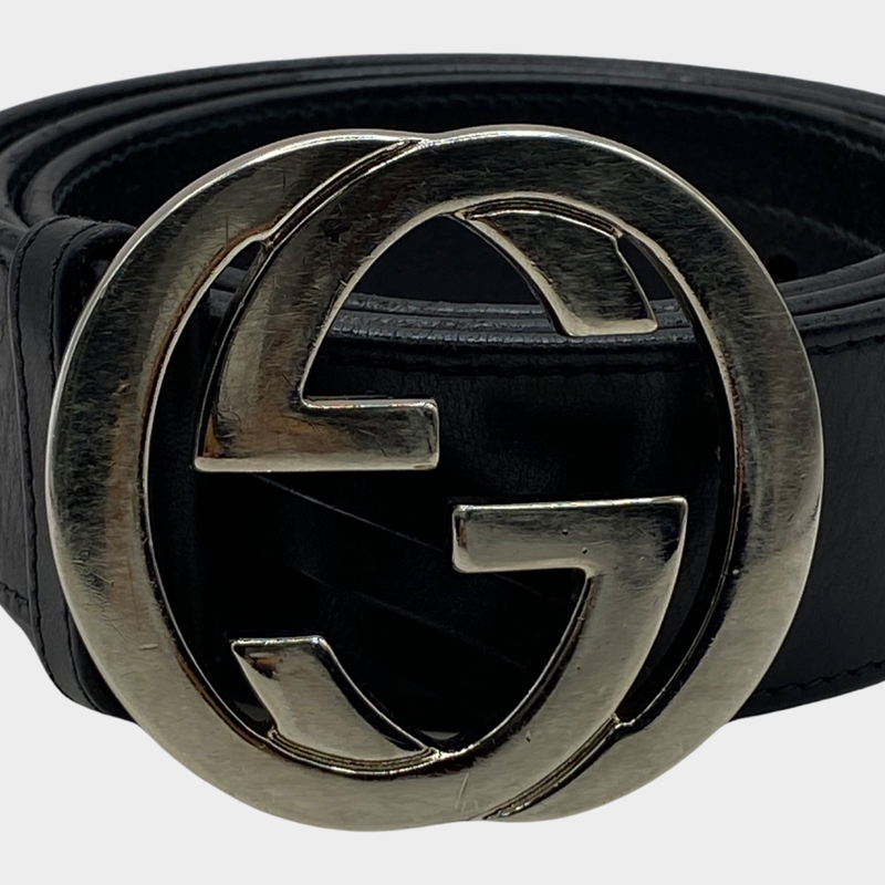 Gucci women's black leather belt with silver buckle