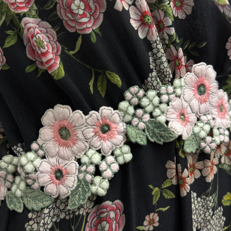 Giambattista Valli Black with Pink, White and Green Floral Pattern Long Dress