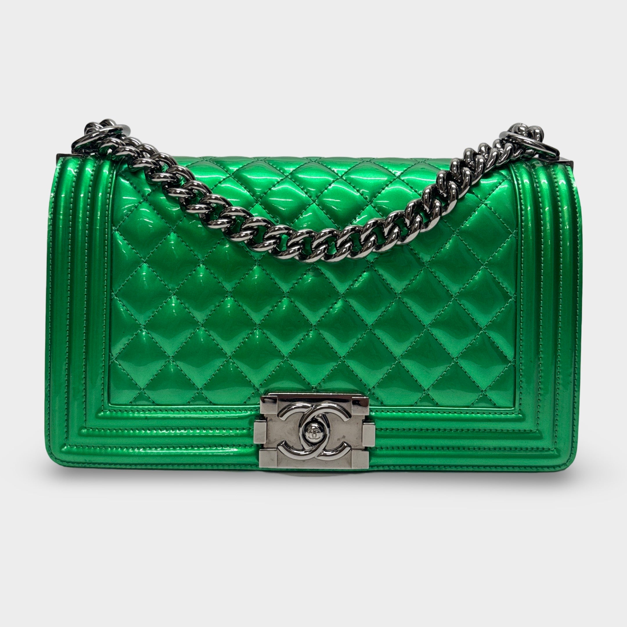 Metallic 2014 Green Patent Calfskin Quilted Medium Boy Flap Bag