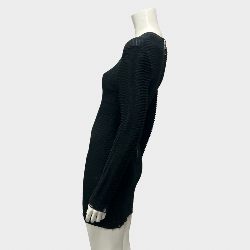 Balmain Black Knit Dress With Distressed Trim