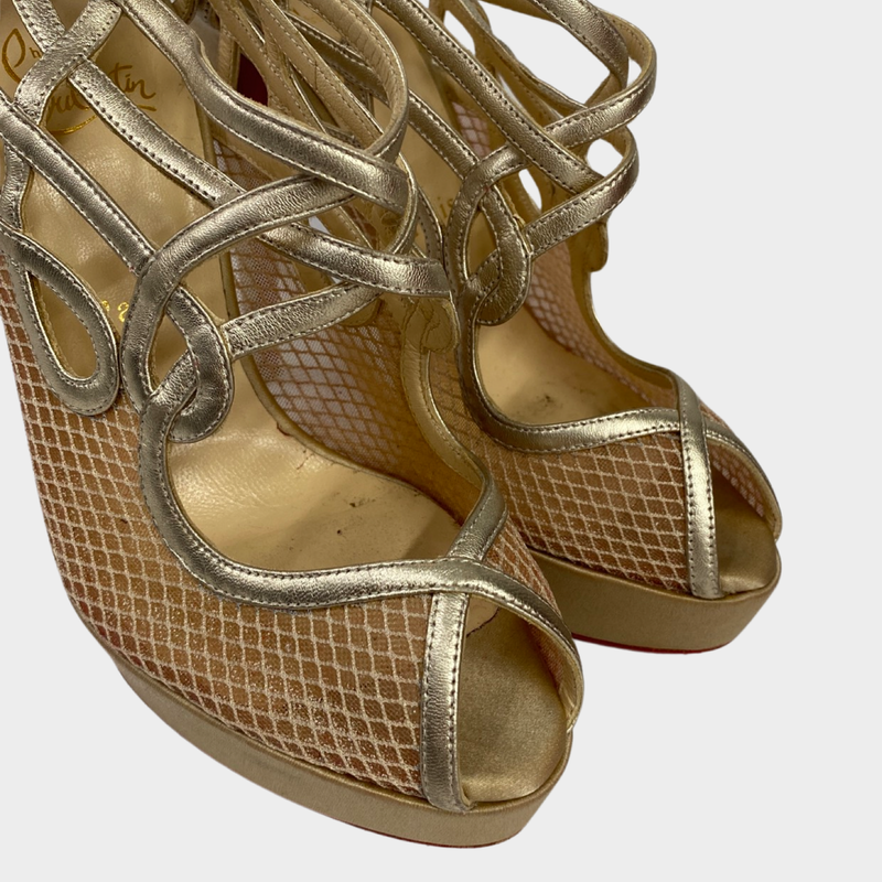 Christian Louboutin gold mesh strappy platform satin heels