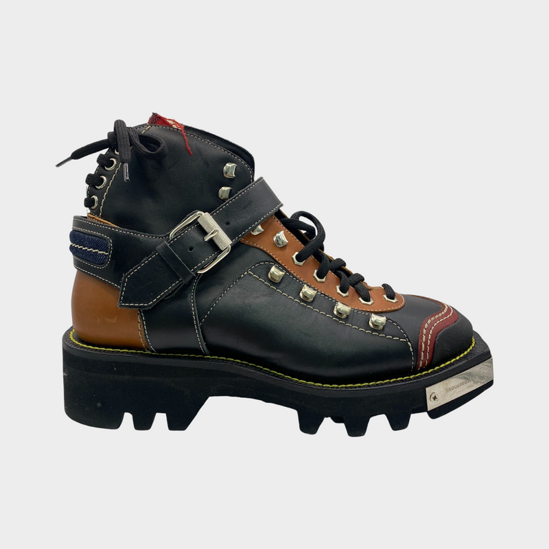 Dsquared2 men's patch work brown, black and red leather boots with navy laces