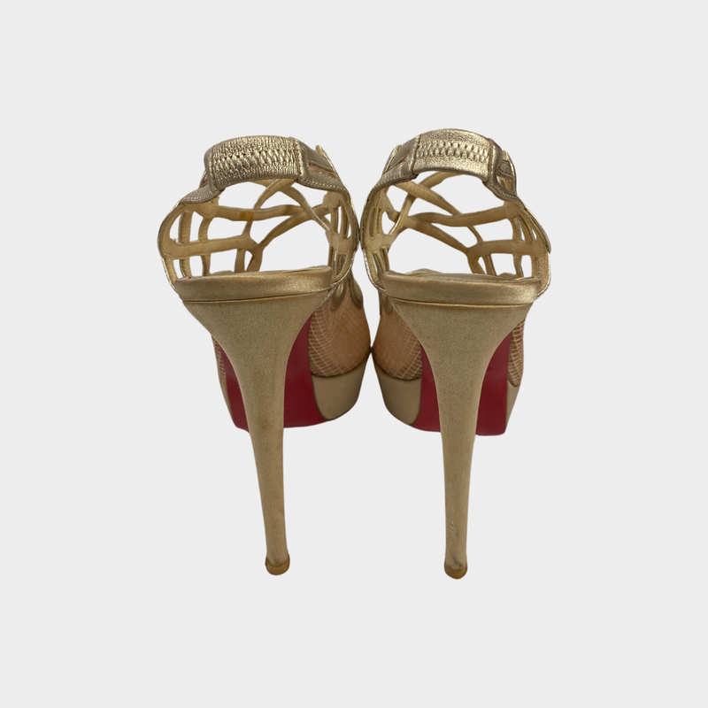 Christian Louboutin gold mesh strappy platform satin heels