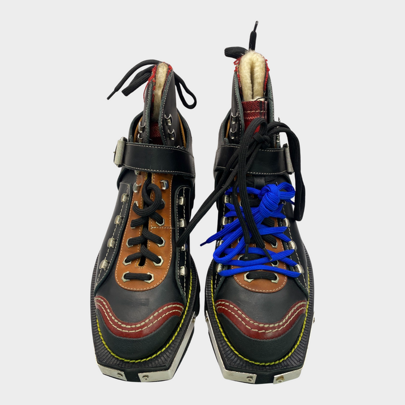 Dsquared2 men's patch work brown, black and red leather boots with navy laces