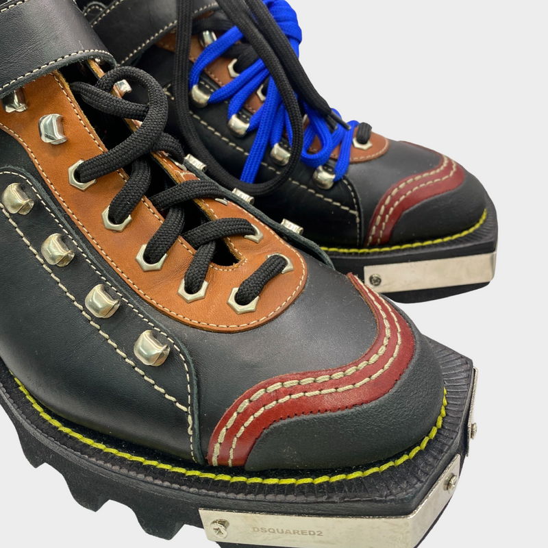 Dsquared2 men's patch work brown, black and red leather boots with navy laces